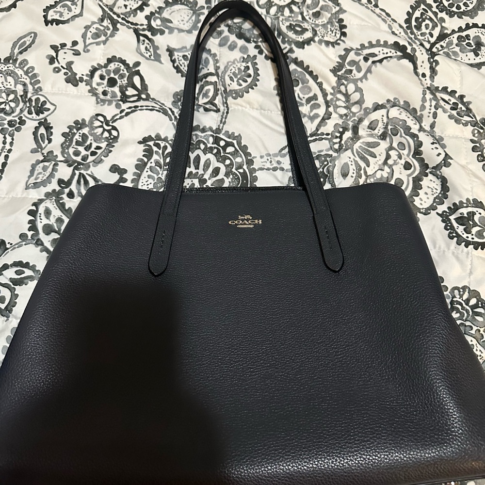 Coach dark blue Leather Double-Handle Tote with Gold Logo